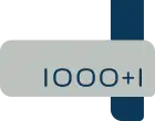 Logo 1000+1, die Zahl 1000+1 auf einem grauen Hintergrund, unterlegt mit einem senkrechten blauen Balken